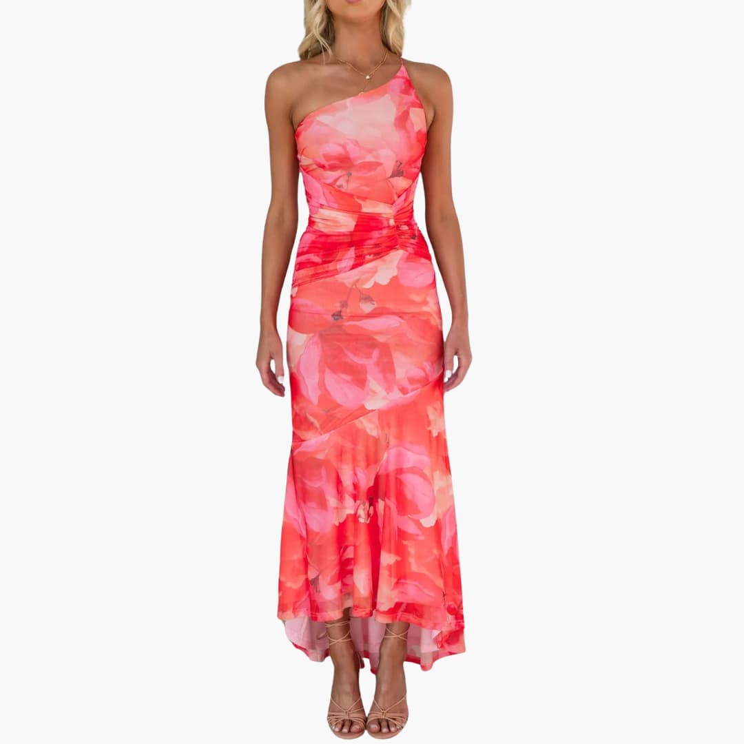 Women’s Midi Dress with Floral Print and Asymmetrical Hem