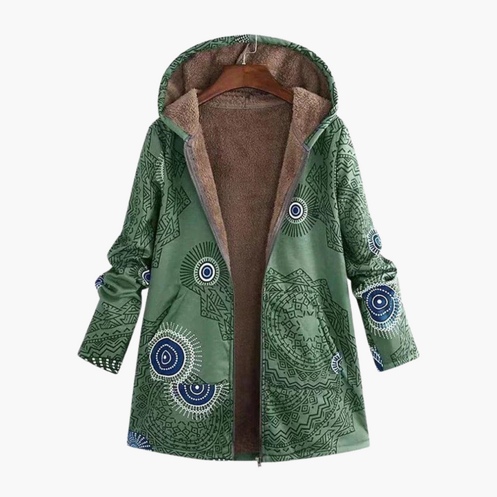 Women’s Hooded Parka Jacket with Sherpa Lining and Geometric Pattern
