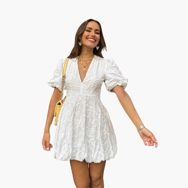Women’s Round Neck Mini Dress with Puff Sleeves
