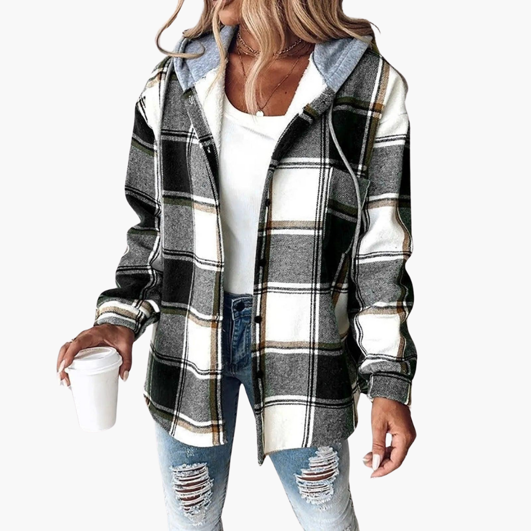 Women’s Plaid Flannel Shacket with Hood and Button-Up Front