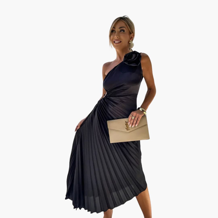 Women’s Midi Dress with Pleated Skirt and Floral Detail