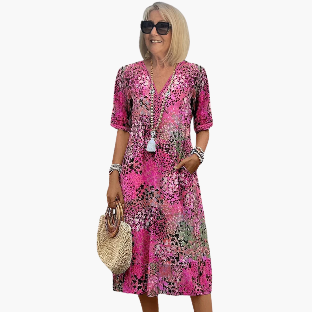 Women’s Midi Dress with V-Neck and Floral Print