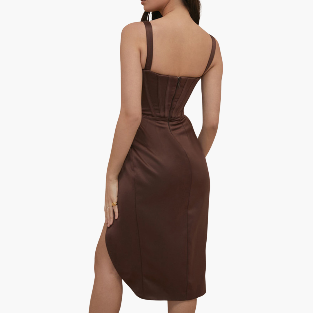 Women’s Satin Midi Dress with Deep V Neckline and Cinched Waist