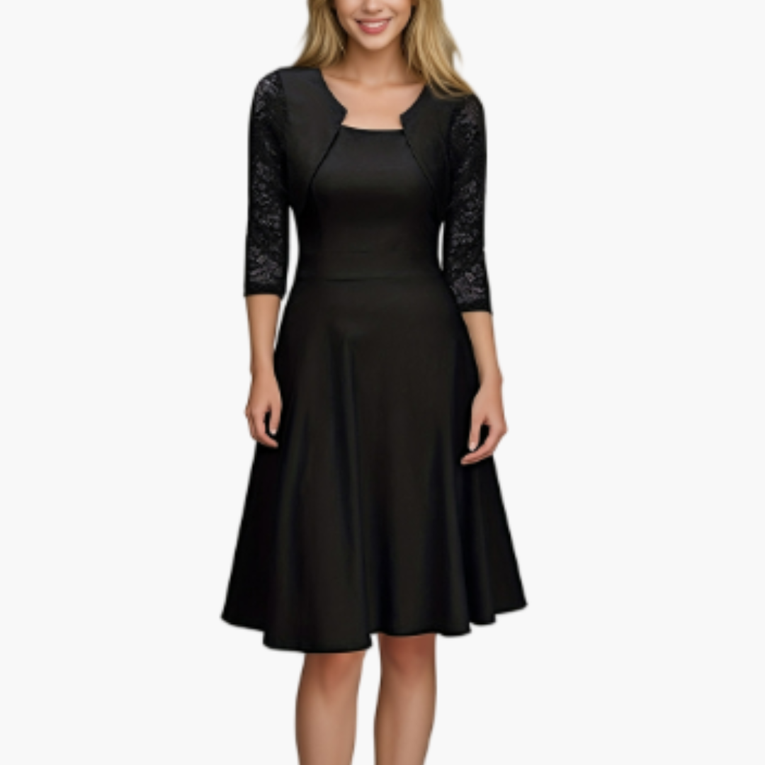 Women’s A - Line Dress with Lace Sleeves and Flared Skirt