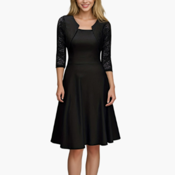 Women’s A - Line Dress with Lace Sleeves and Flared Skirt