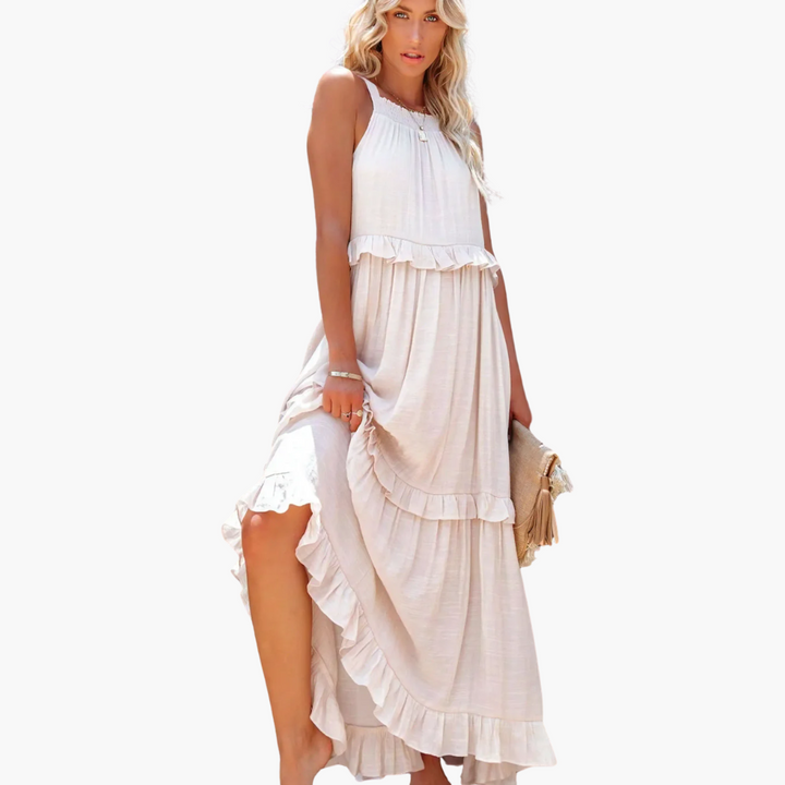 Women’s Maxi Dress with Cascading Ruffle Tiers and Adjustable Straps