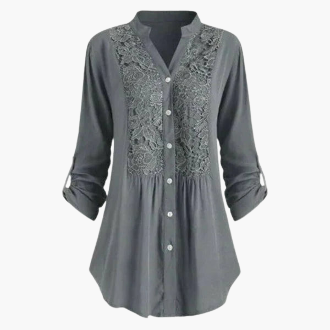 Women’s Long Blouse with Puff Sleeves and Lace Detail