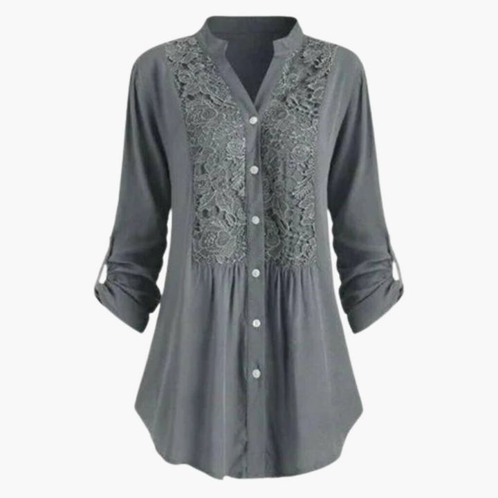 Women’s Long Blouse with Puff Sleeves and Lace Detail