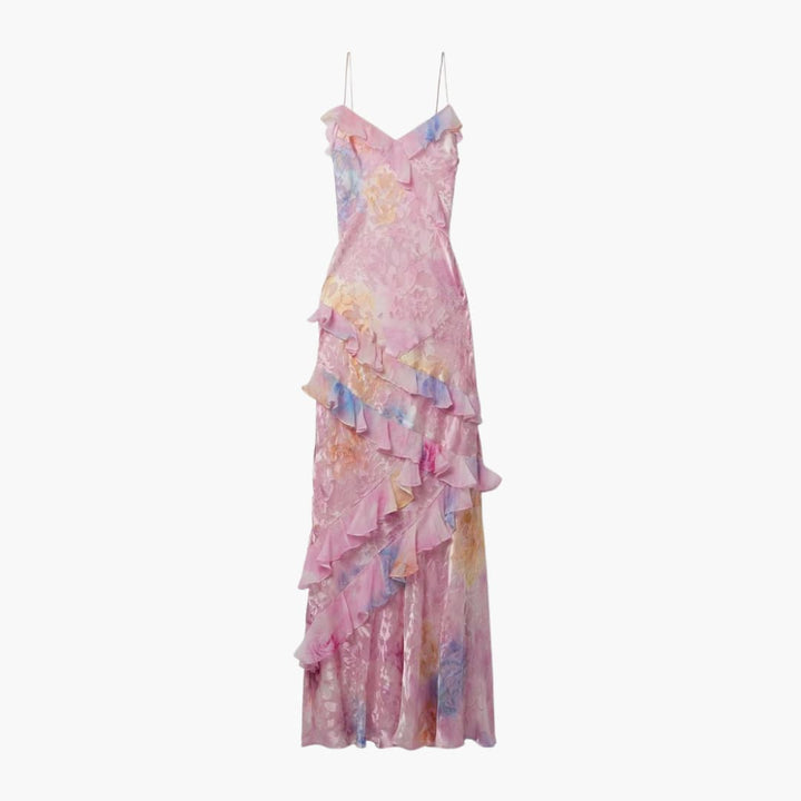 Women Maxi Dress with V-Neck and Ruffle Detail