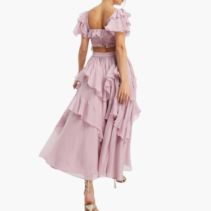 Women’s Off-Shoulder Dress with Layered Ruffles and Flowing Skirt