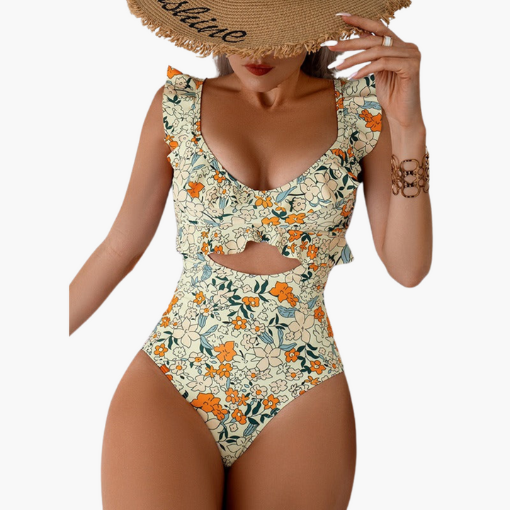 Women’s One - Piece Swimsuit with Floral Pattern and Ruffle Detailing