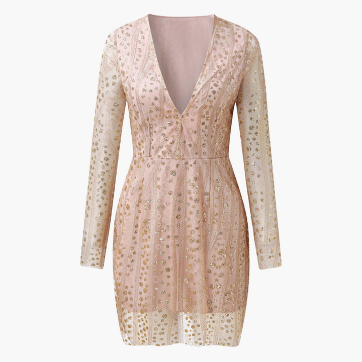 Women’s Sequin Mini Dress with Deep V-Neckline and Long Sleeves