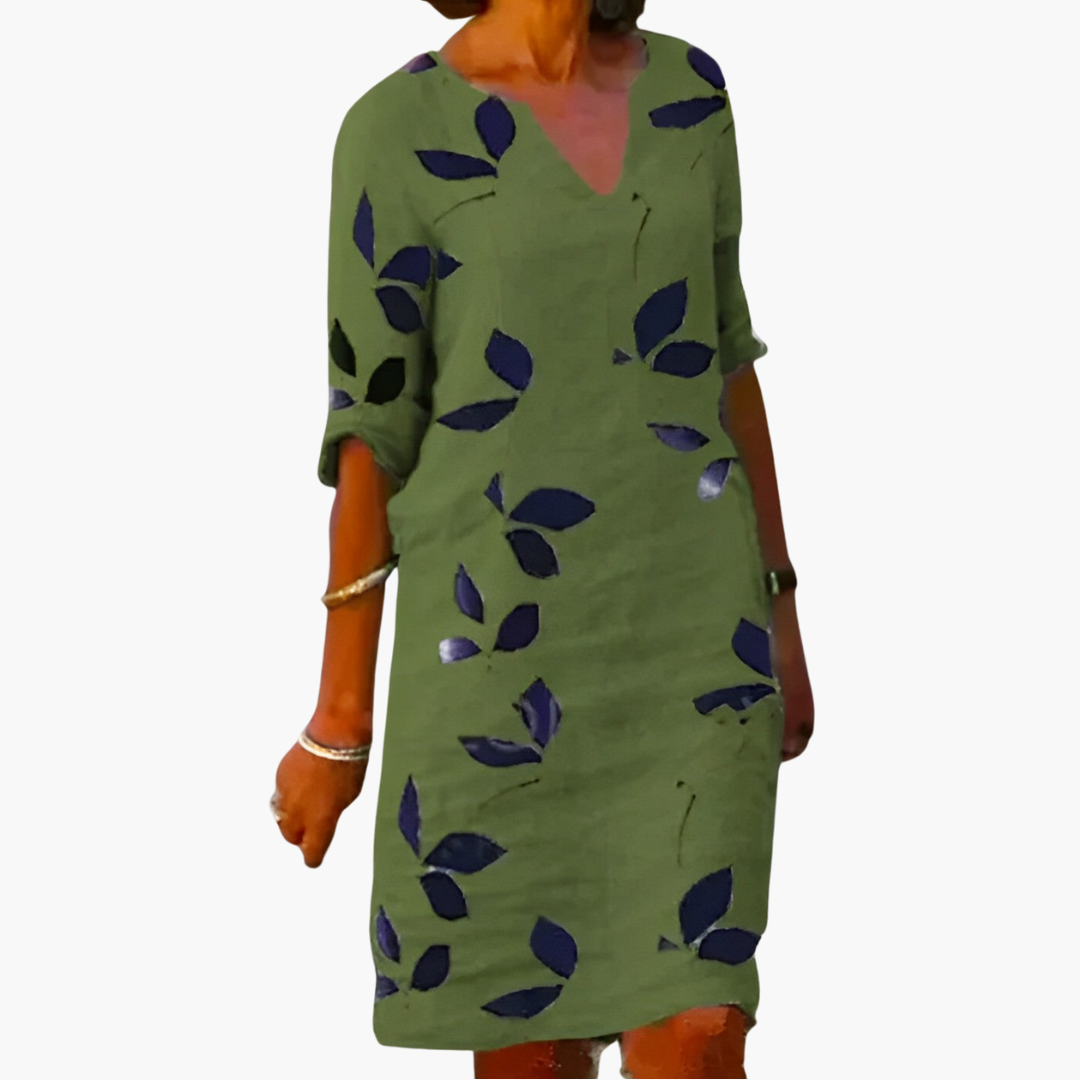 Women’s Short Dress with V-Neckline and Rolled Sleeves