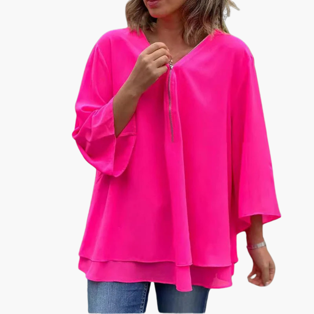 Half-Zip V-Neck Top for Women - Long Sleeve &amp; Casual Chic