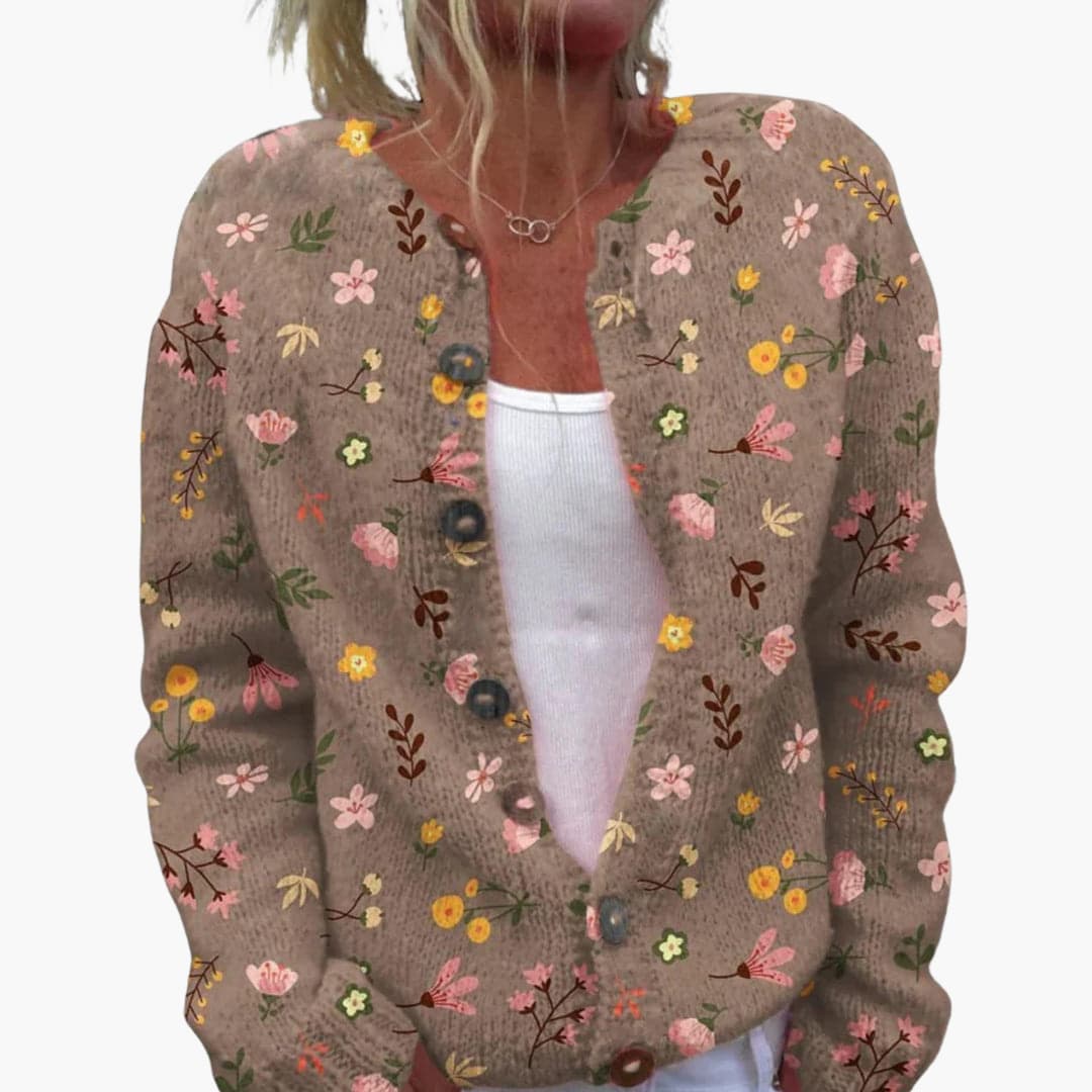 Women’s Floral Cardigan with Long Sleeves and Ribbed Hem