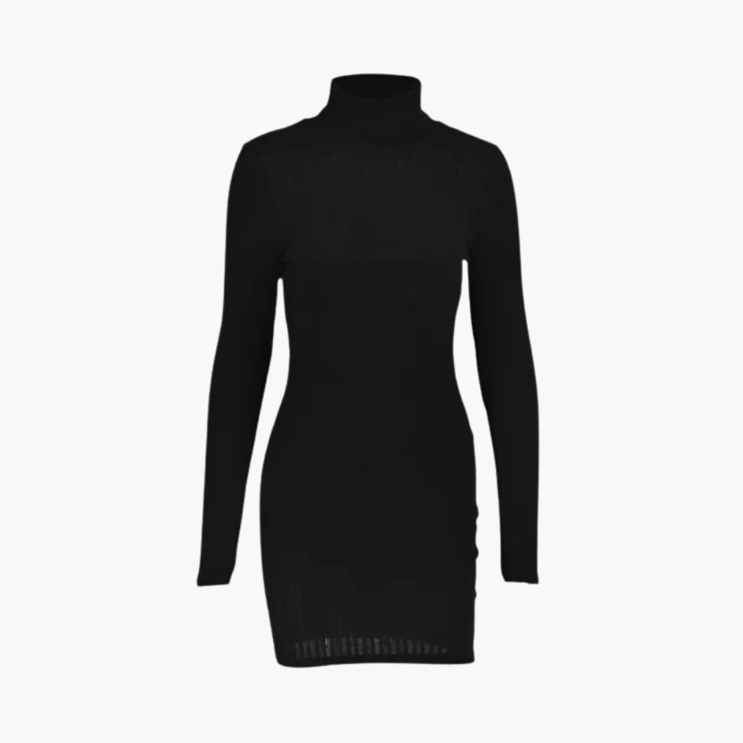 Women’s Turtleneck Dress with Ribbed Texture and Long Sleeves