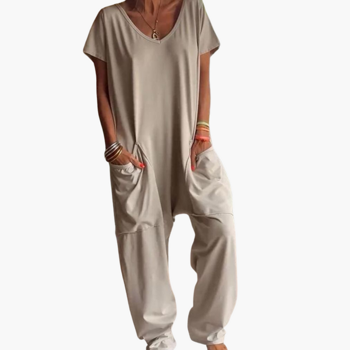 Women’s V-Neck Jumpsuit with Relaxed Drape