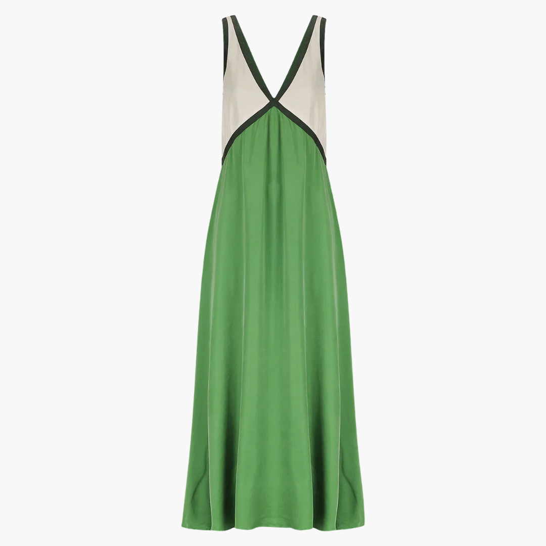 Women’s Maxi Dress with V-Neck and Color-Block Design