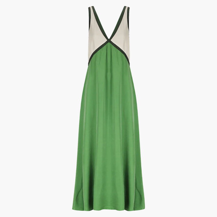 Women’s Maxi Dress with V-Neck and Color-Block Design