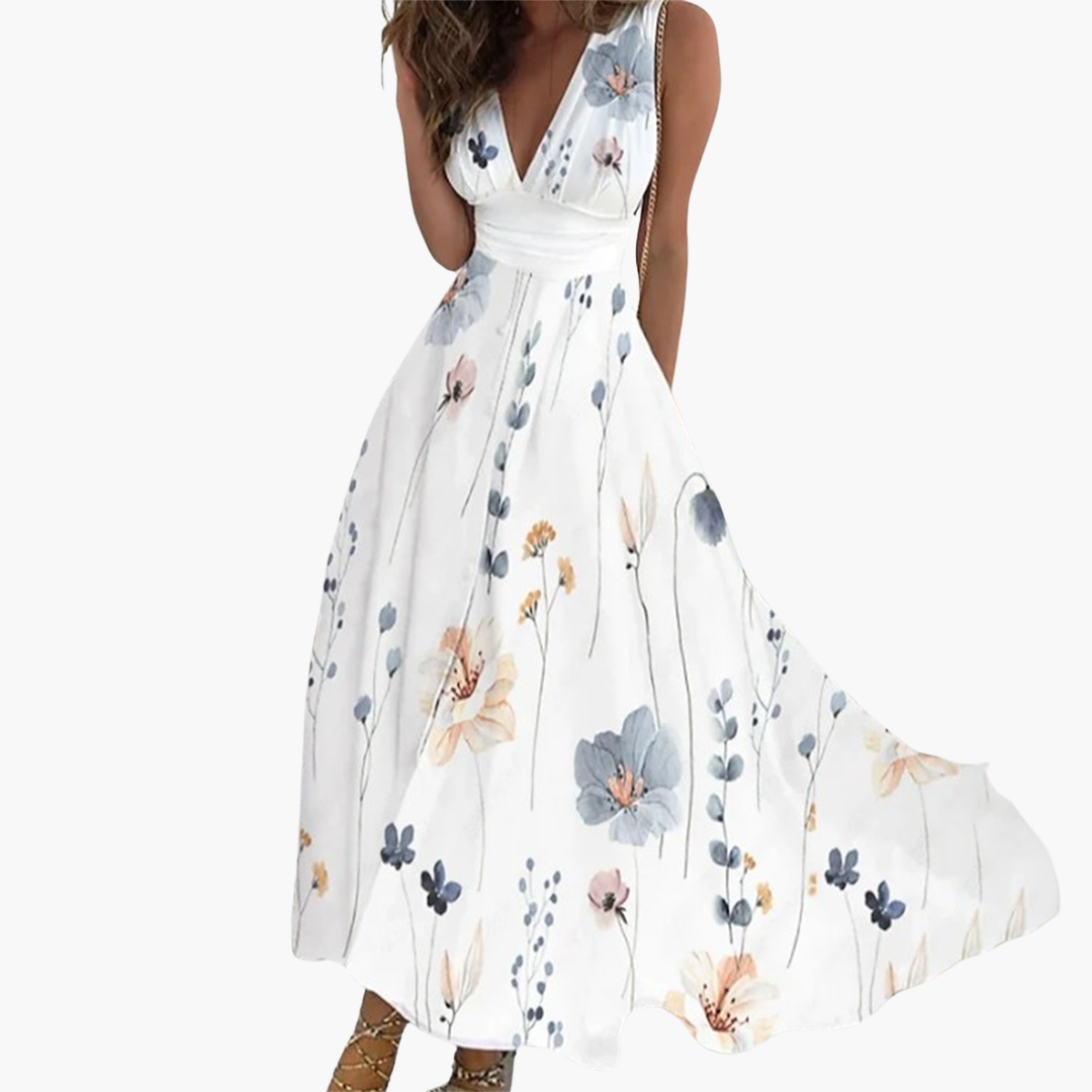 Women’s Floral Maxi Dress with V-Neck and Adjustable Waist