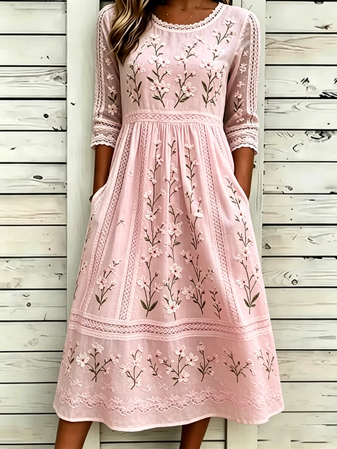 Alix | Embroidered Panel Long Sleeve Midi Dress