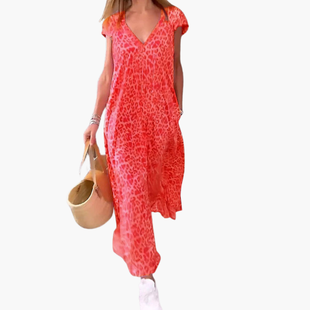 Women’s Midi Dress with V-Neck and Leopard Print