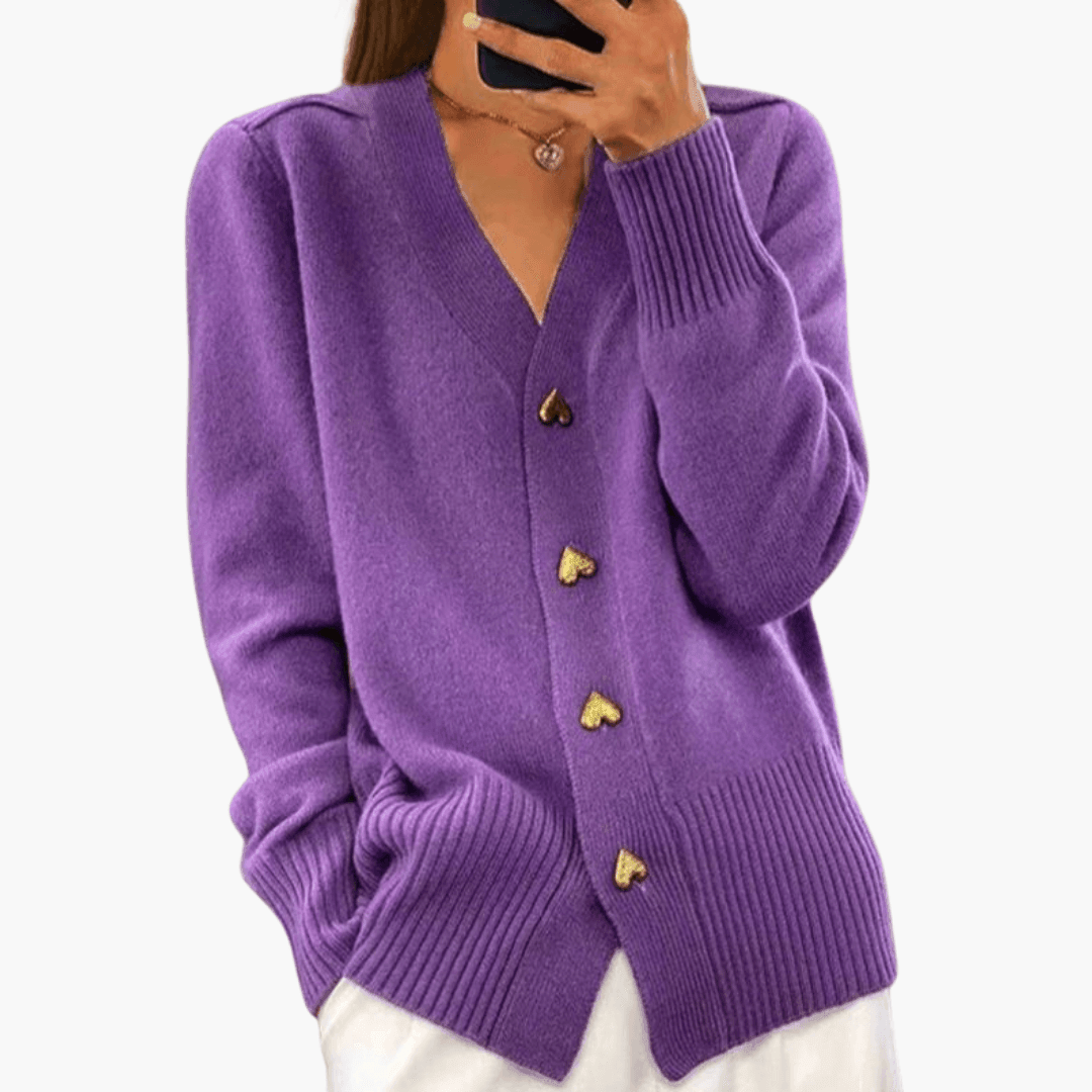 Women’s Button-Up Cardigan with Heart Button Details and Long Sleeves