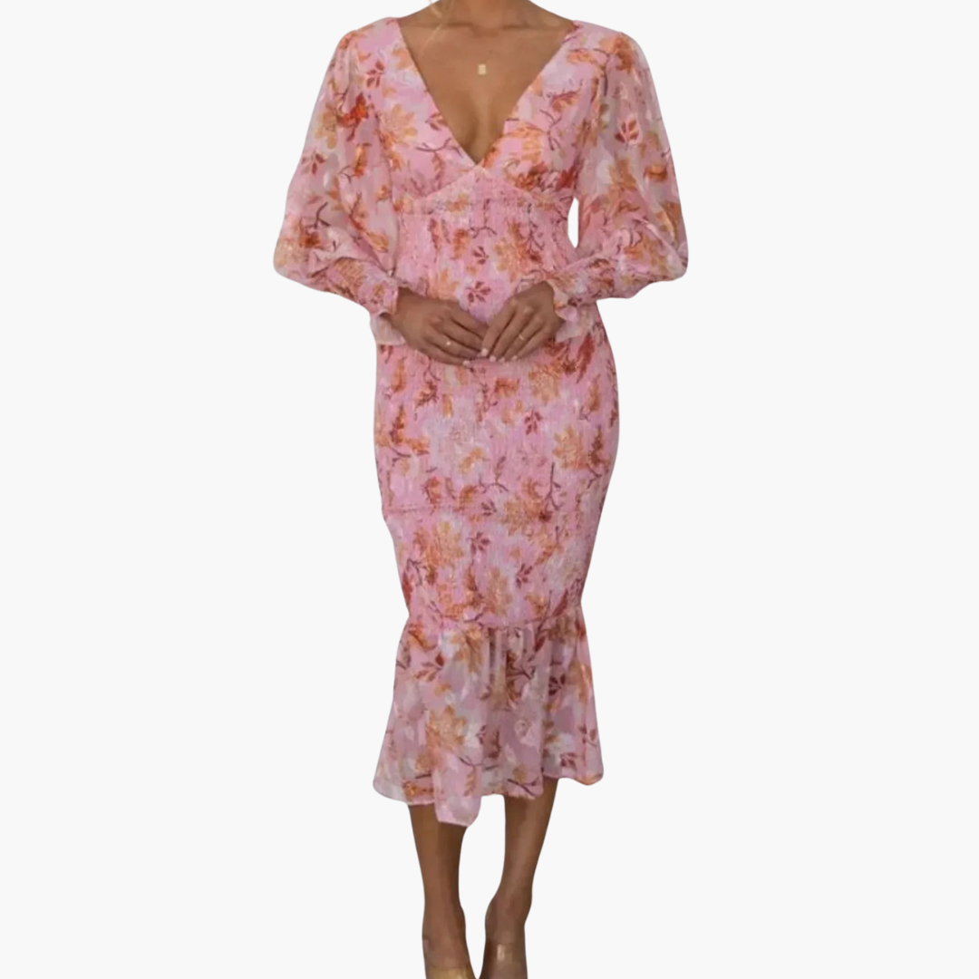 Women’s Midi Dress with V-Neck and Puff Sleeves