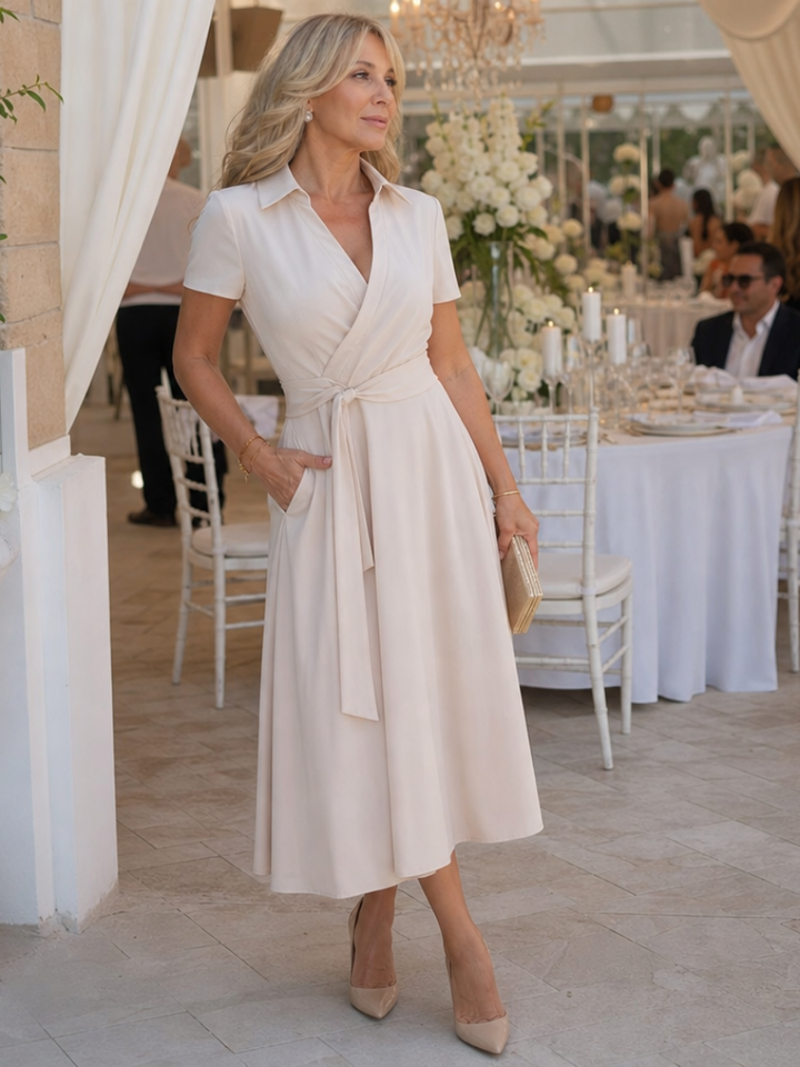 Eleq | Short Sleeve Collared Wrap Waist Midi Dress