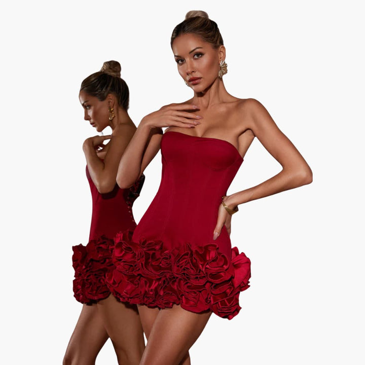 Women’s mini dress with strapless corset bodice and ruffled skirt