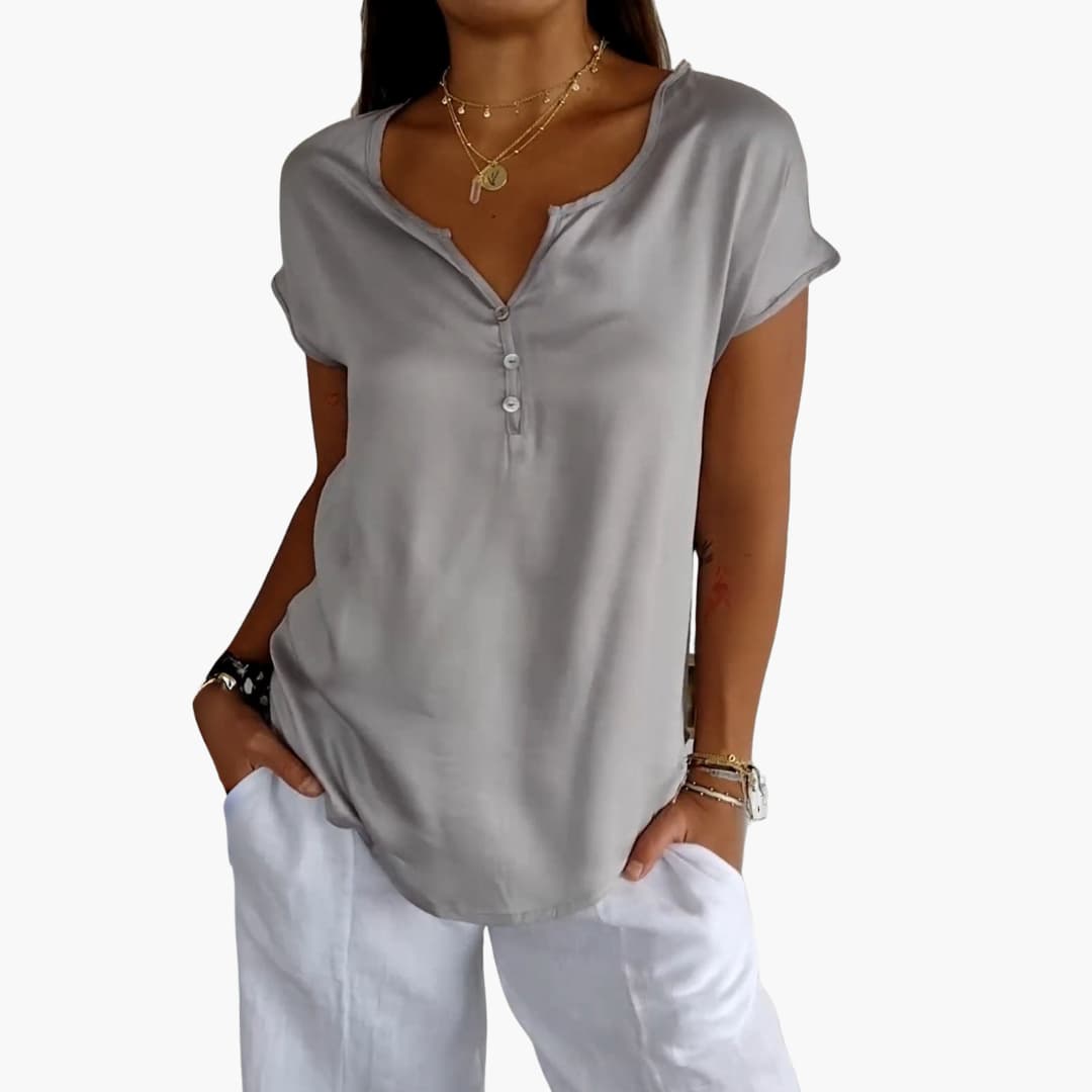 Women’s Short-Sleeve Top with V-Neck and Buttons