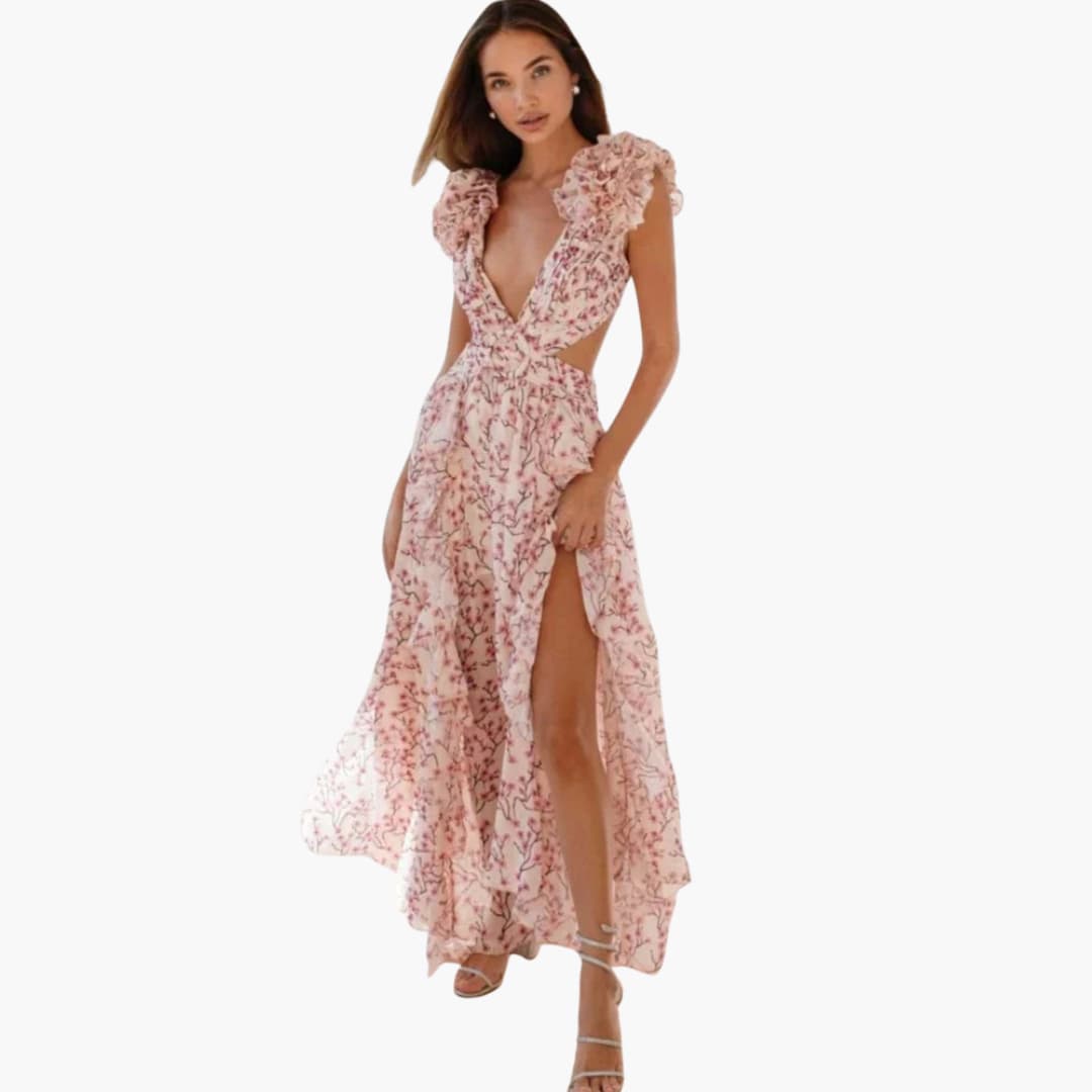 Women Maxi Dress with V-Neck and Open-Back Design