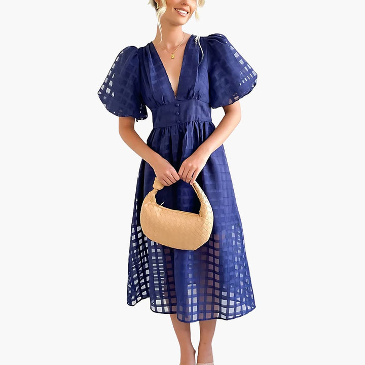 Women’s Midi Dress with Grid Overlay and Buttons