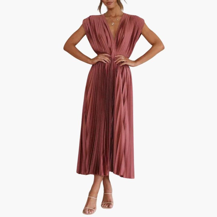 Women’s Midi Dress with Pleated Design and Cap Sleeves