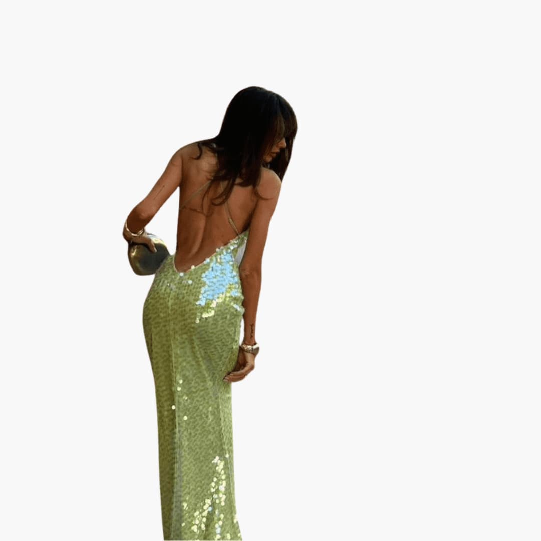 Women’s sequin maxi dress with scoop neckline and fitted bodice