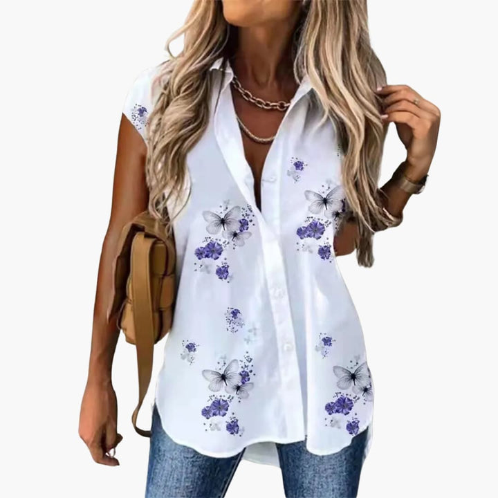 Women’s Sleeveless Blouse with Collar and Button Fastening