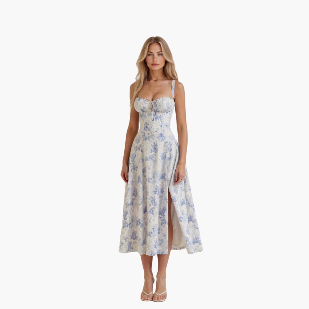 Women’s Midi Dress with Waist Tie and Lace-Up Bodice