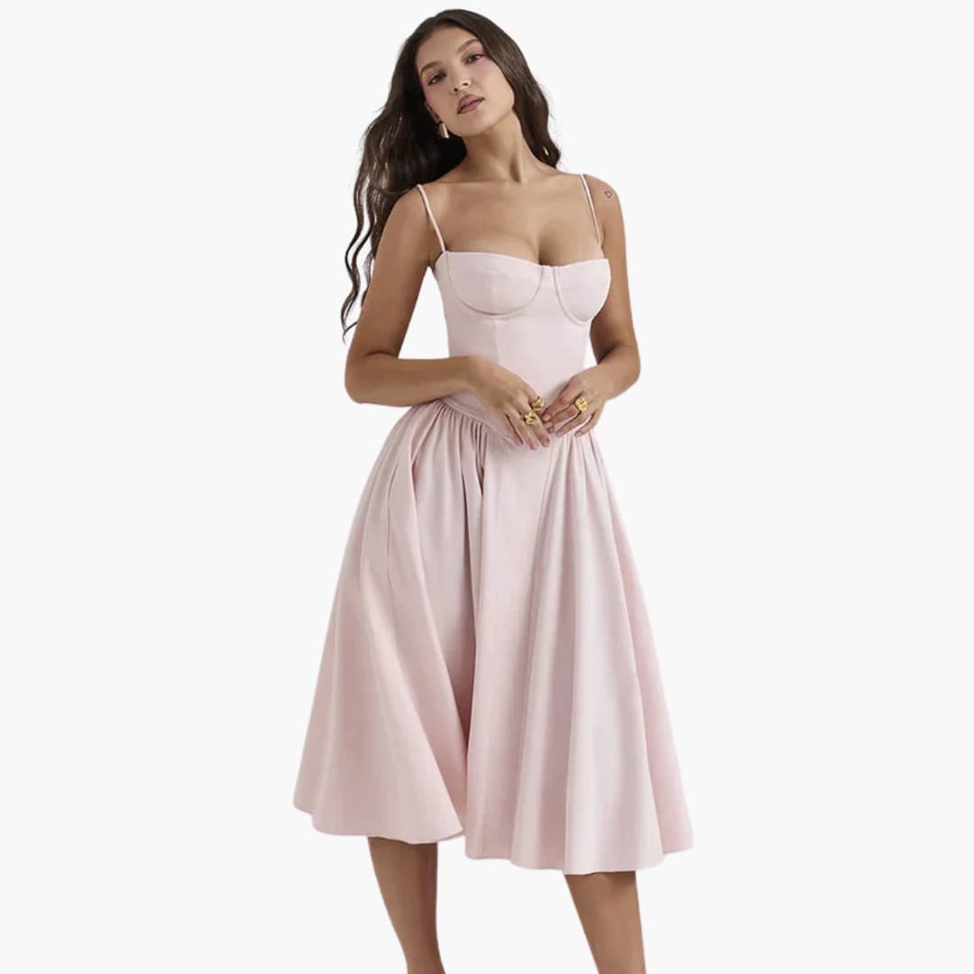 Women’s Midi Dress with Square Neck and Pleated Skirt