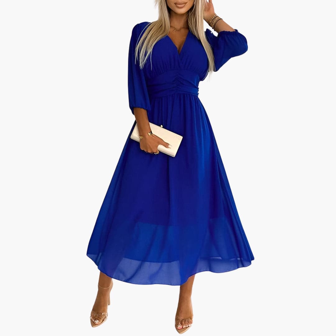 Women’s Midi Dress with V Neck and Ruched Waist