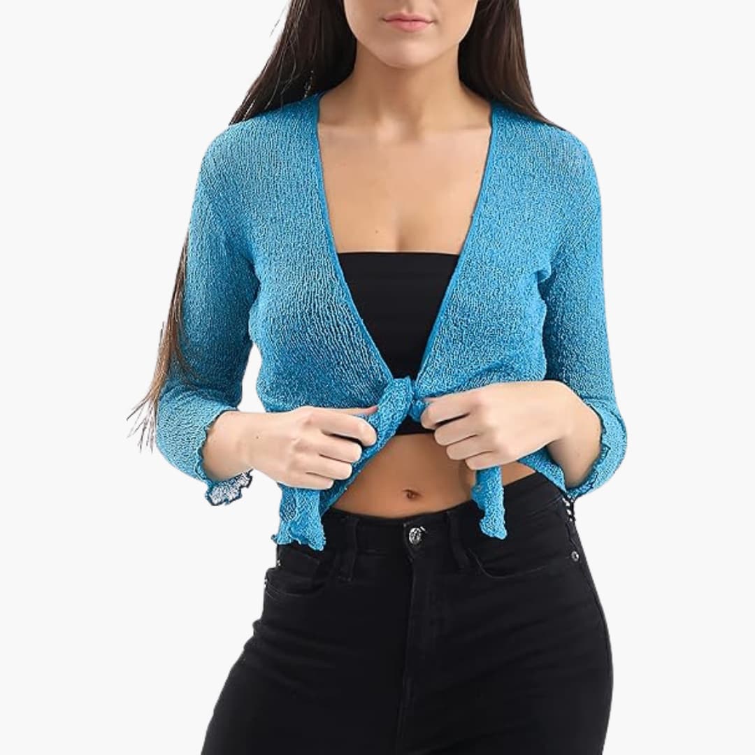 Women’s Cropped Tie-Up Shrug with Three-Quarter Sleeves and Sheer Knit