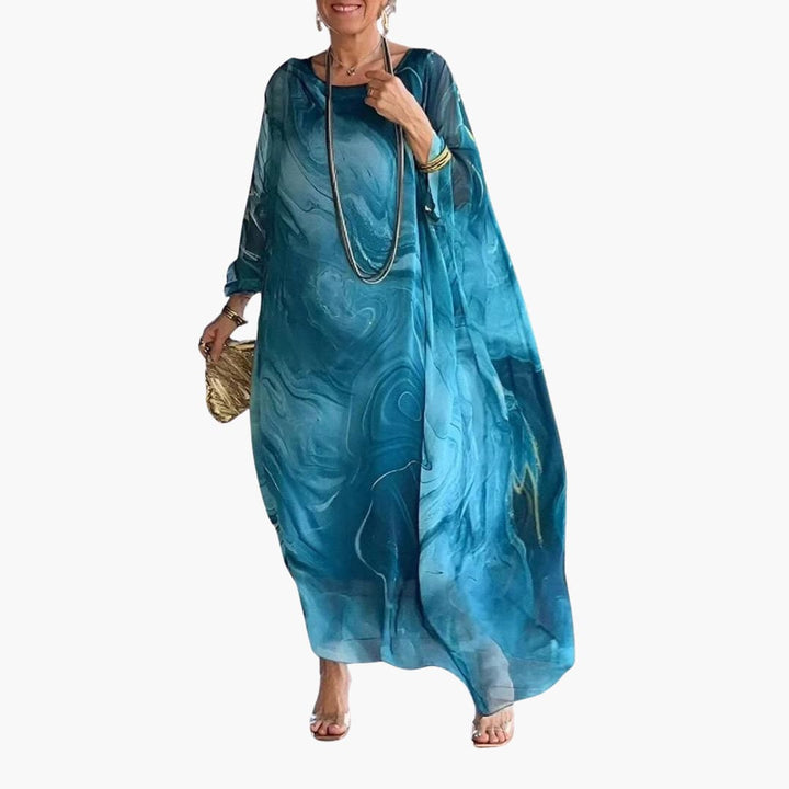 Women’s Maxi Dress with Batwing Sleeves and Round Neckline
