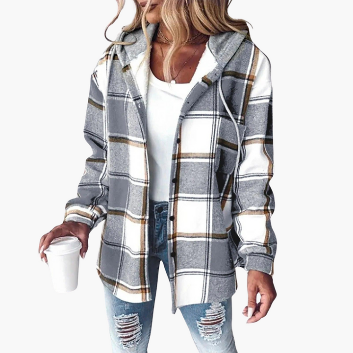 Women’s Plaid Flannel Shacket with Hood and Button-Up Front