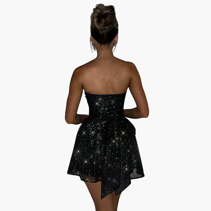 Women’s mini dress with bandeau neckline and flared skirt