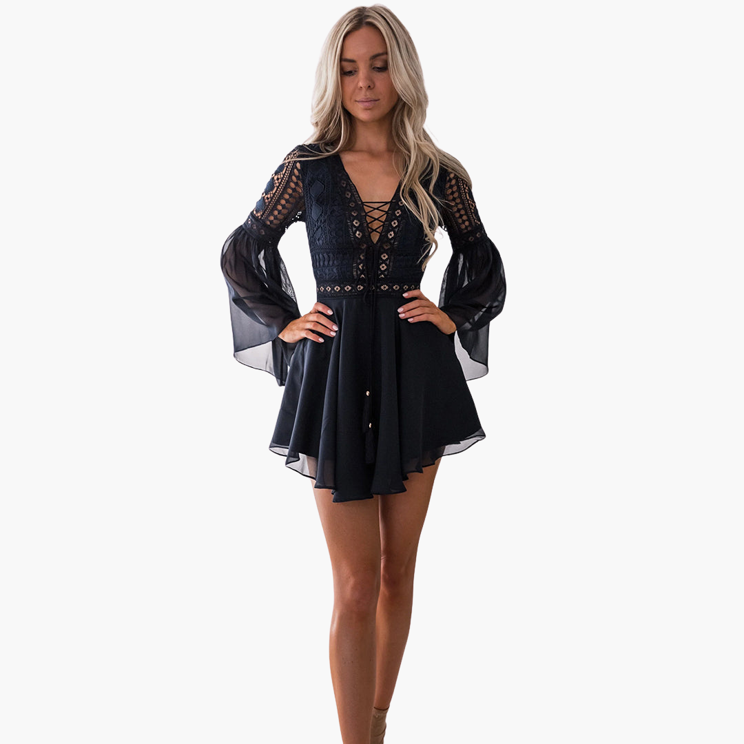 Women’s Mini Dress with Lace‑Up and Bell Sleeves