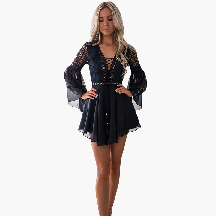 Women’s Mini Dress with Lace‑Up and Bell Sleeves