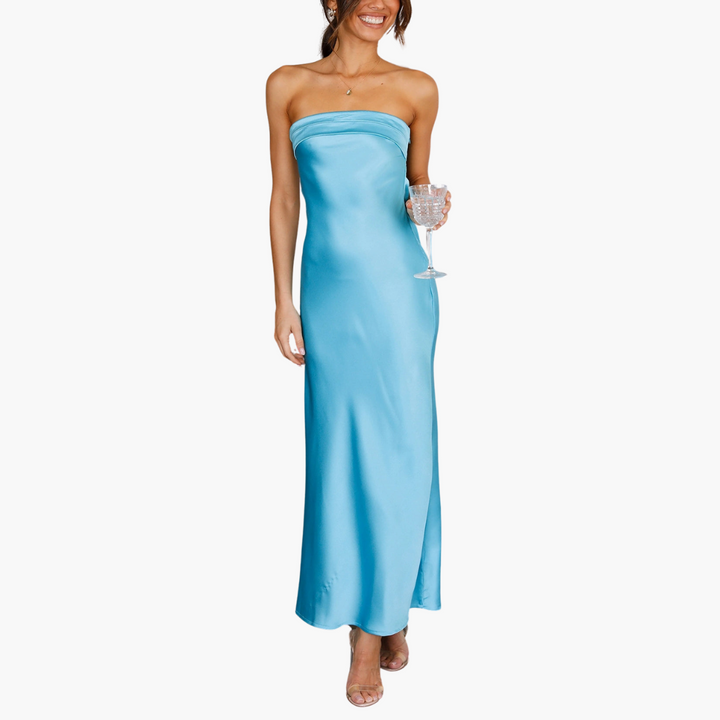 Women’s Maxi Dress with Strapless Neckline and Side Slit
