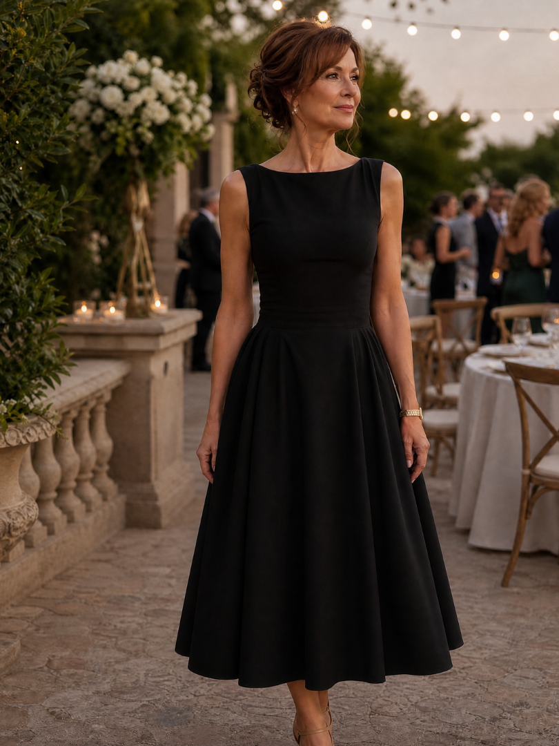 Corane | Sleeveless Crew Neck Fitted Bodice Midi Dress