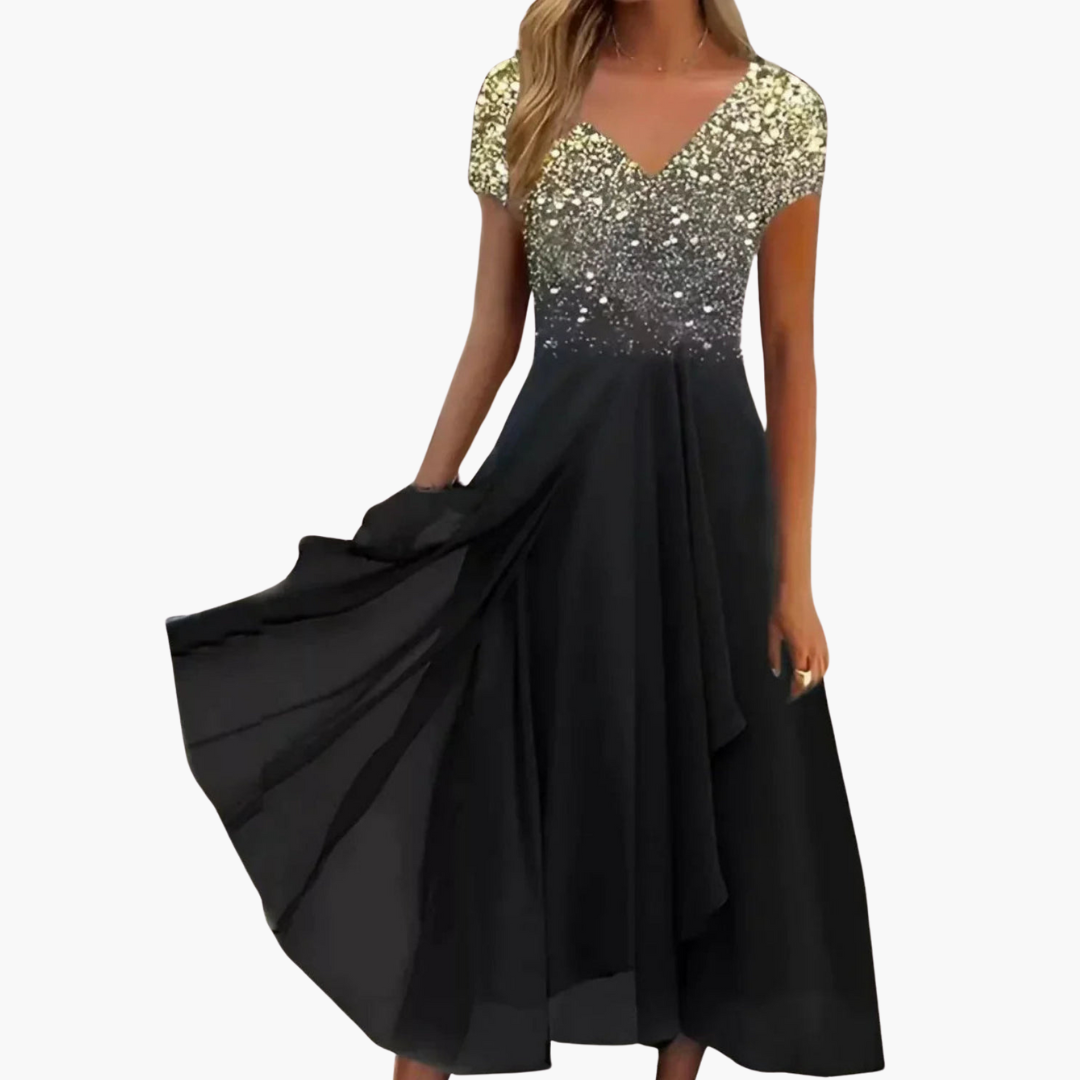 Women’s Midi Dress with V Neckline and Draped Skirt