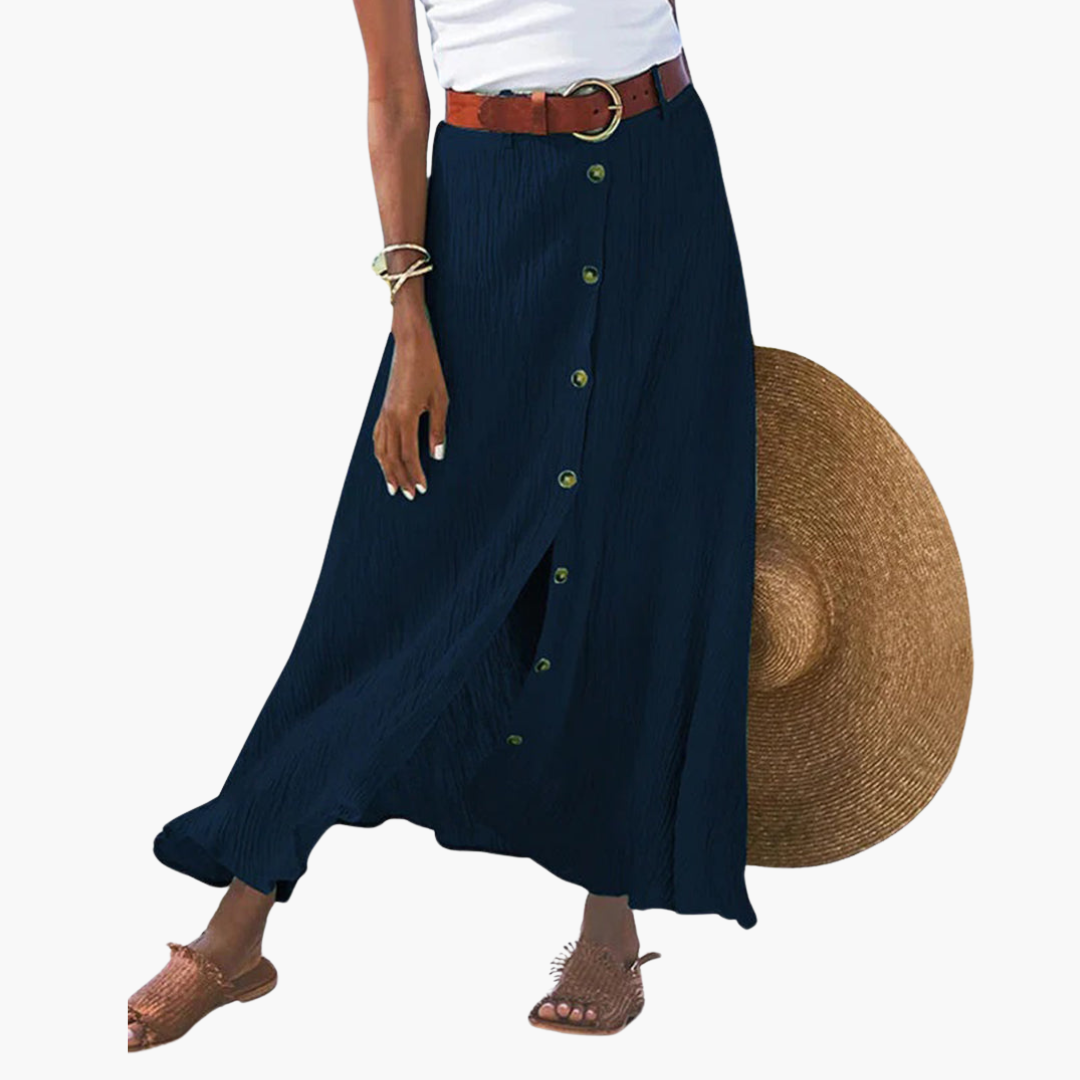 Women’s Button-Front Maxi Skirt with Elastic Waistband and A-Line Cut