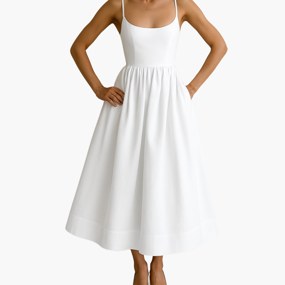Women’s Elegant Sleeveless Midi Dress with Tailored Bodice and Flared Skirt